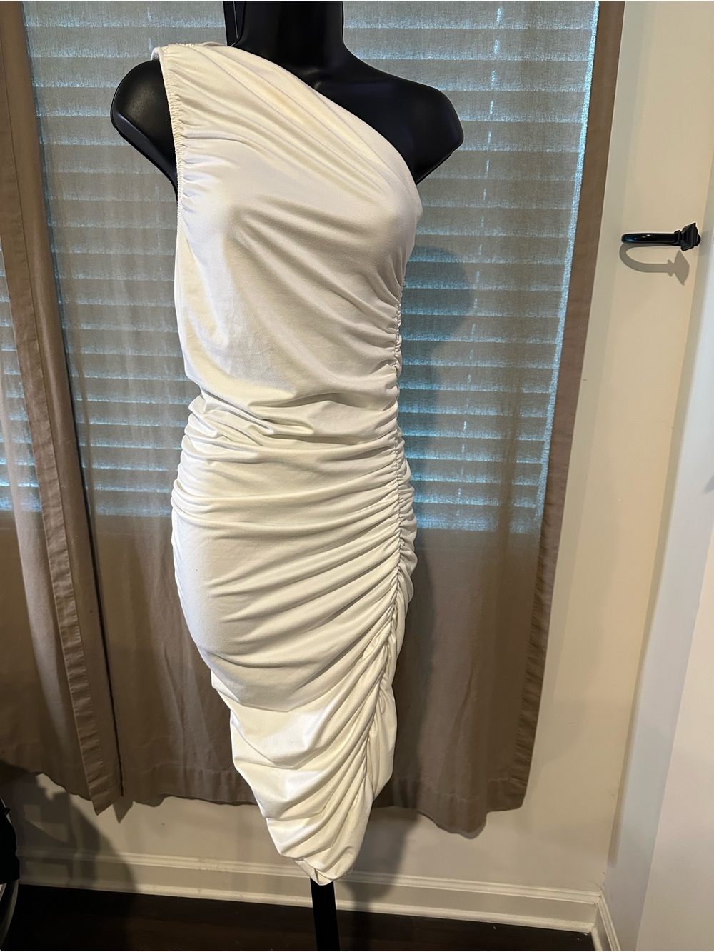 One-Shoulder White Ruched Midi Dress